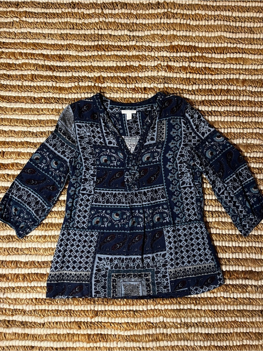 Patterned Navy Blue paisley patchwork Peasant Top - Women